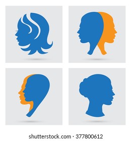 Woman icons set. Vector portraits silhouette. Flat graphic style. Concept illustration, vector art, logo design