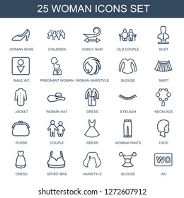 woman icons. Trendy 25 woman icons. Contain icons such as woman shoe, children, curly hair, old couple, bust, Male WC, pregnant, hairstyle. icon for web and mobile.