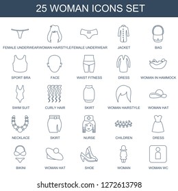 woman icons. Trendy 25 woman icons. Contain icons such as female underwear, woman hairstyle, jacket, bag, sport bra, face, waist fitness, dress. woman icon for web and mobile.
