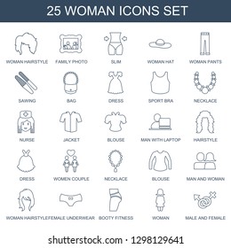 woman icons. Trendy 25 woman icons. Contain icons such as woman hairstyle, family photo, slim, hat, pants, sawing, bag, dress, sport bra. icon for web and mobile.