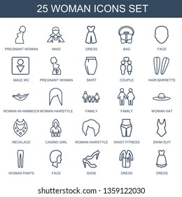 woman icons. Trendy 25 woman icons. Contain icons such as pregnant woman, maid, dress, bag, face, Male WC, skirt, couple, hair barrette, in hammock. icon for web and mobile.