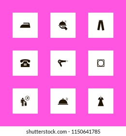 woman icons. trousers, proper meal, tray hand and iron vector icons set