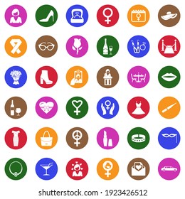 Woman Icons. White Flat Collection In Circle. Vector Illustration.