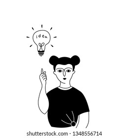 A woman with idea bulb in spotlight. Hand drawn vector illustration.