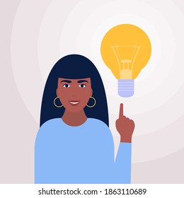 Woman with idea light bulb head concept. Idea brainstorming. Vector illustration in a flat style.