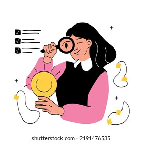 Woman with idea. Young girl examines light bulb in magnifying glass. Brainstorming and analysis of options. Poster or banner for website. Creative person concept. Cartoon flat vector illustration