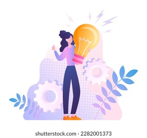 Woman with idea. Young girl holds light bulb in her hands. Creative personality with insight, brainstorming. Smart worker, education and self development. Cartoon flat vector illustration