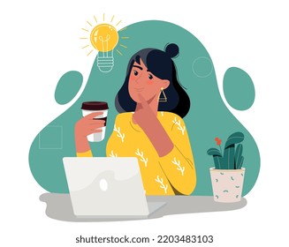 Woman with idea. Young girl sitting at laptop with mug with coffee or tea. Creative person launches start-up, introduces innovation. Illumination and brainstorm. Cartoon flat vector illustration