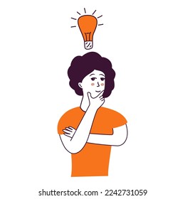 Woman with an idea.Brainstorm doodle hand drawn elements.Woman thinking.Female  trying to find a solution.Woman points on light bulb over her. Brainstorming or generating new idea.