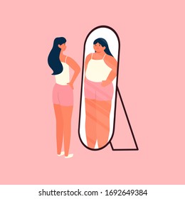 woman with ideal bodies looking herself in the mirror and feel insecure and fat human character illustration