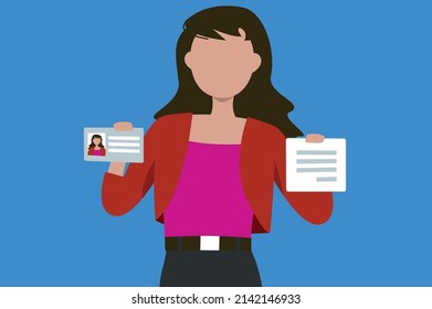 Mujer con documento de perfil de identidad, mostrando tarjeta de seguridad de pasaporte, diseño vectorial moderno mostrando documentos