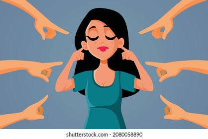 Woman Ignoring People Blaming Her for No Reason Vector Cartoon. Girl covering her ears not listening to the critics pointing at her
