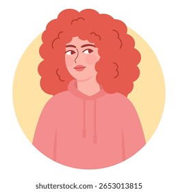 woman illustration with curly pink hair, vector