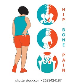 A woman illustration with hip pain, A fatty lady suffering from backache, Vector icons of human hip bones