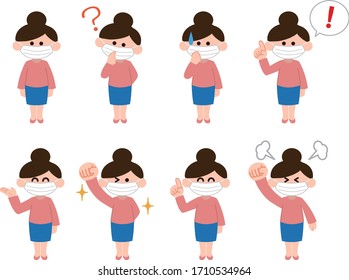 Woman illustration set with mask