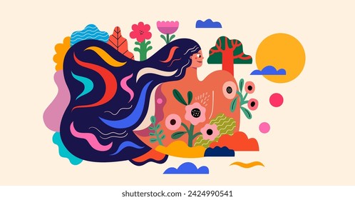 Ilustración de mujer. Vector brillante banner colorido con la cara de la mujer y la naturaleza. Diseño de personajes.