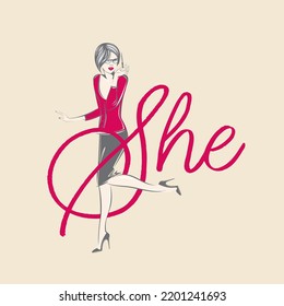 Woman illustration.Elegant portrait and silhouette.Modern hairstyle, trendy clothing, high heels shoes.Young lady, beautiful model face.Luxury,glamour style.Bright pink color calligraphy.	