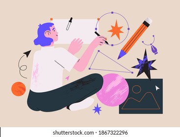 Woman illustrator working in software drawing abstract shapes with stylus pen. Designer character freelancer or art director concept. Creative process of making vector illustration for web ui design.