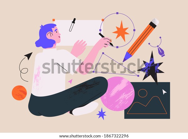 Woman illustrator working in software drawing\
abstract shapes with stylus pen. Designer character freelancer or\
art director concept. Creative process of making vector\
illustration for web ui\
design.
