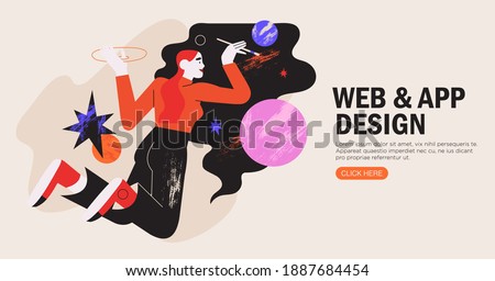 Woman illustrator working in vector graphics editor or design program. Freelance designer draw space or abstract shapes with brush. Creative process of making website, ui, mobile application. design.