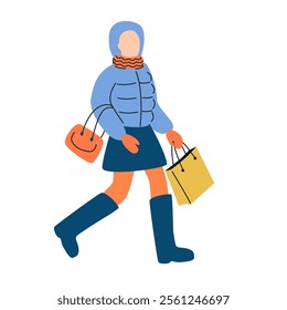 Woman im winter clothes with shopping bag. Vector flat illustration 