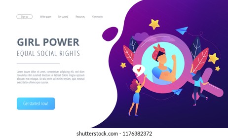 A woman image in female gender sign showing biceps as a concept of feminism, girl power, movement, female equality, equal social and civil rights. Violet palette. Website landing web page template.