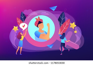 A woman image in female gender sign showing biceps as a concept of feminism, girl power, movement, female equality, equal social and civil rights. Violet palette. Vector illustration on background.