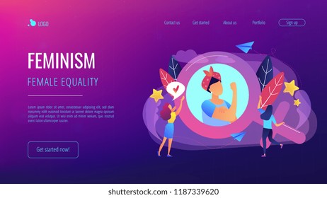 A woman image in female gender sign showing biceps as a concept of feminism, girl power, movement, female equality, equal social and civil rights. Violet palette. Website landing web page template.