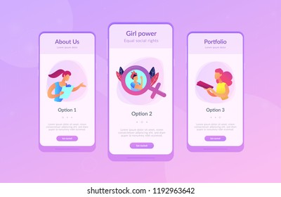 A woman image in female gender sign showing biceps as a concept of feminism, girl power, movement, female equality, equal social and civil rights. Violet palette. Mobile UI UX app interface template.
