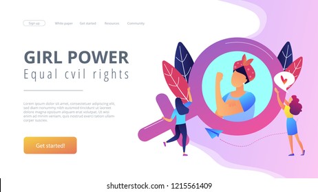 A woman image in female gender sign showing biceps as a concept of feminism, girl power, movement, female equality, equal social and civil rights. Violet palette. Website landing web page template.