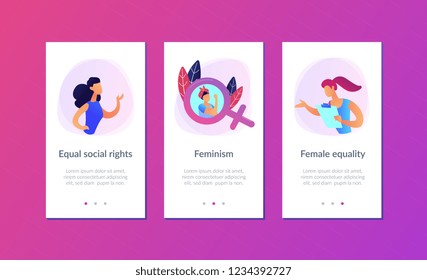 A woman image in female gender sign showing biceps as a concept of feminism, girl power, movement, female equality, equal social and civil rights. Violet palette. Mobile UI UX app interface template.