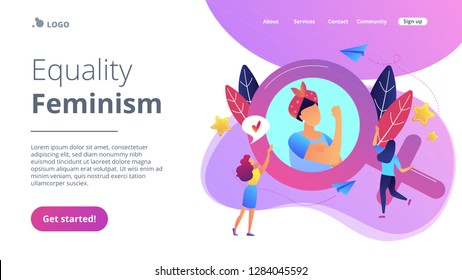 A woman image in female gender sign showing biceps as a concept of feminism, girl power, movement, female equality, equal social and civil rights. Violet palette. Website landing web page template.