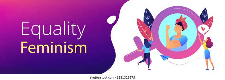 A woman image in female gender sign showing biceps as a concept of feminism, girl power, movement, female equality, equal social and civil rights. Violet palette. Header or footer banner.