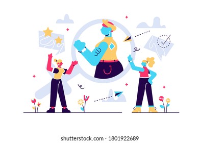 A woman image in female gender sign showing biceps as a concept of feminism, girl power, movement, female equality, equal social and civil rights. Violet palette. Vector illustration on background.