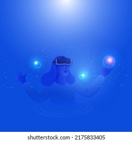 Woman Imaginary Or Touching Virtual Particles Through VR Glasses On Blue Background.