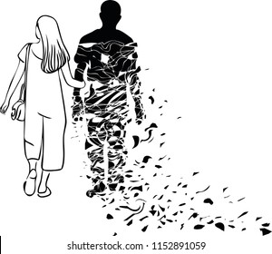 The woman is imagining her loved one's who lived far away and shadow holding arms  