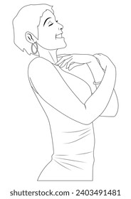A woman imagining hug something in outline and vector.