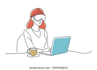 Woman immersed in virtual reality at her desk Hand drawn offset fill with doodle illustration