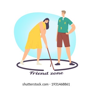 Woman and Importunate Suitor in Friend Zone Concept. Male Character Fall in Love Trying to Attract Girl. Female Drawing Circle with Man Stand Inside of Boundary. Cartoon People Vector Illustration