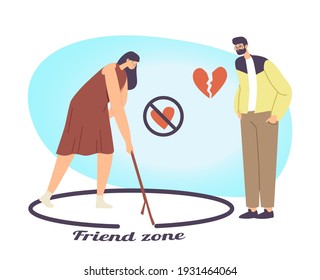 Woman and Importunate Suitor Out of Friend Zone. Male Character with Broken Heart Fall in Love Trying to Attract Girl. Female Drawing Circle with Man Stand Outside. Cartoon People Vector Illustration