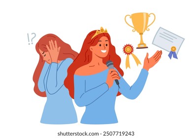 Woman with impostor syndrome experiences stress despite having victories and achievements in life. Psychological problems and impostor syndrome in girl standing near cup and certificate