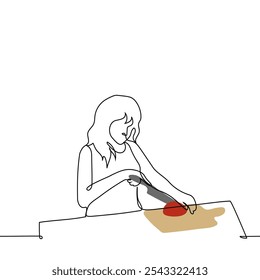 woman incorrectly cutting knife cutting tomato - one line art vector. beginner in cooking cutting