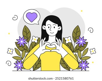 Woman increasing self esteem. Girl shows heart with her hands. Love and self acceptance. Joyful and positive person. Positivity and optimism. Linear vector illustration isolated on white background