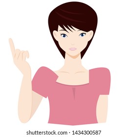 Woman with index finger. Vector illustration isolated on white background.