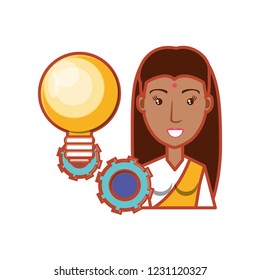 woman indian with bulb light and gears machinery