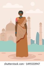 Woman in Indian Sari on Taj Mahal Background. Vector Illustration. Travel Agency. Tourism Development. Traveling Around World. National Clothing. Postcard Representing Country. Landmarks Country.