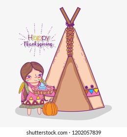 woman indigenous with cake and camping tent
