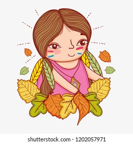 woman indigenous with feathers and autumn leaves