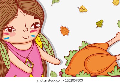 woman indigenous with turkey food and leaves