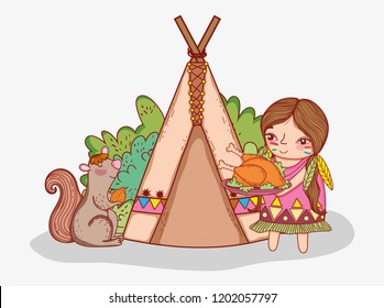 woman indigenous with turkey food and squirrel